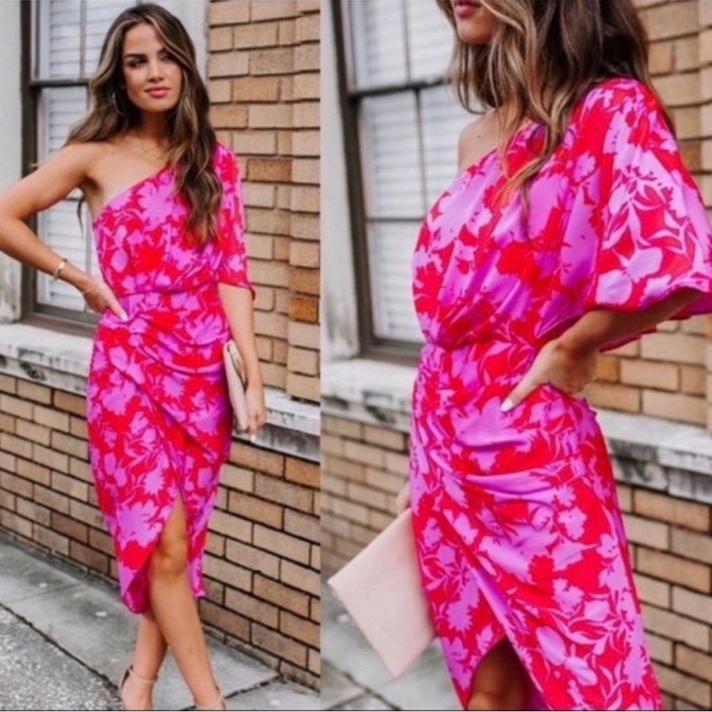 DO+ BE One-Shoulder Pink Floral Midi Dress Sz L